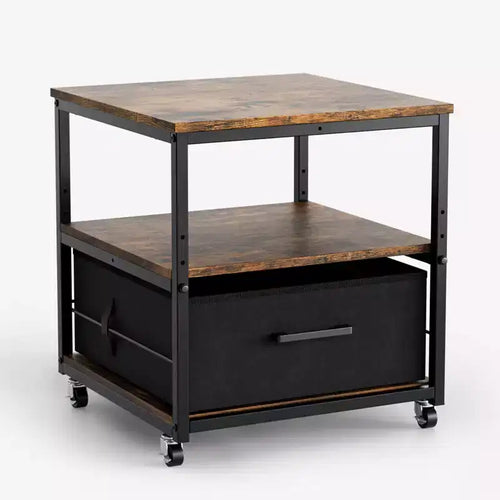 Supporto per stampante a 3 livelli con cassetti in tessuto non tessuto, truciolato P2 effetto legno invecchiato, 50x50x56 cm