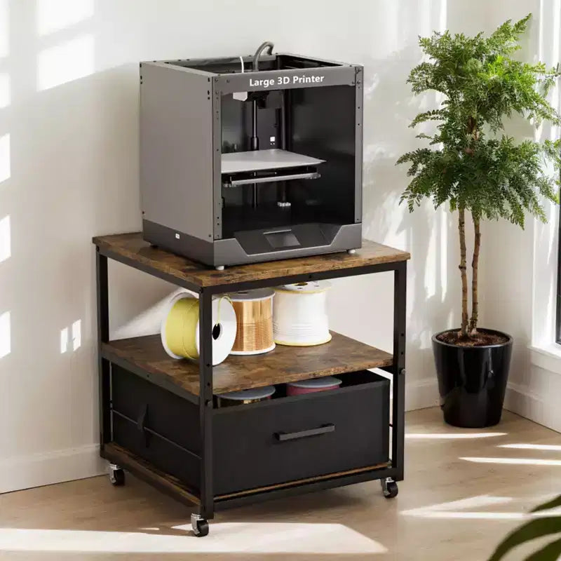 Supporto per stampante a 3 livelli con cassetti in tessuto non tessuto, truciolato P2 effetto legno invecchiato, 50x50x56 cm