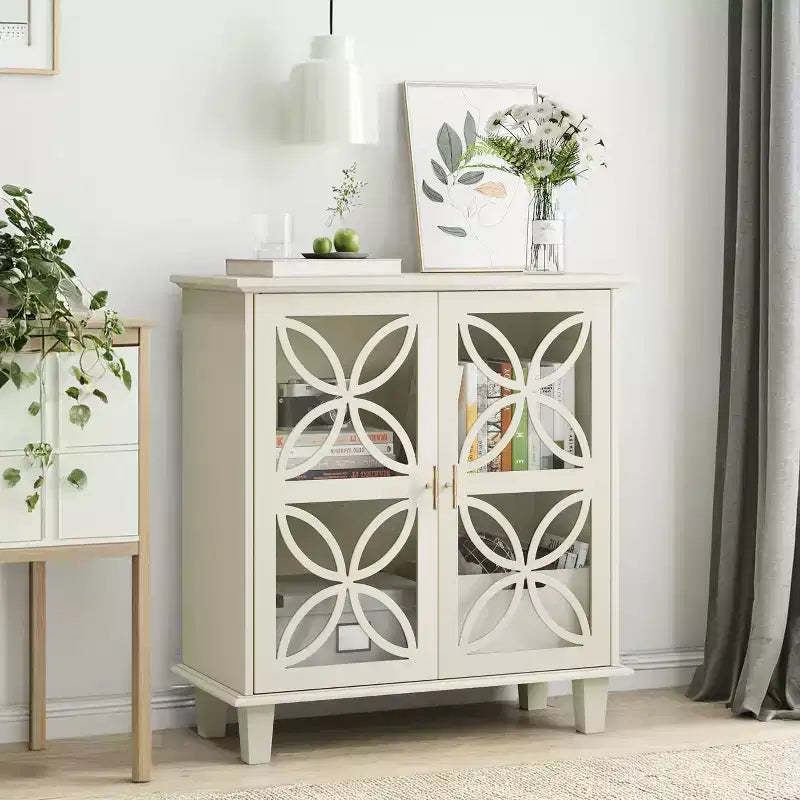 Credenza a buffet indipendente con ripiani regolabili, tavolo console da cucina moderno retrò, armadietto decorativo a 2 ante, colore crema