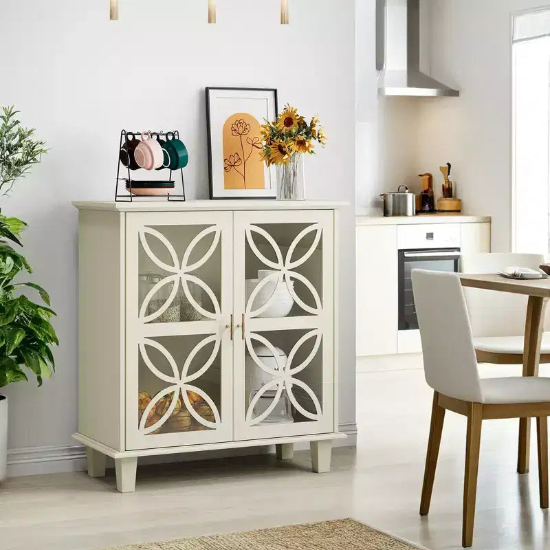 Credenza a buffet indipendente con ripiani regolabili, tavolo console da cucina moderno retrò, armadietto decorativo a 2 ante, colore crema