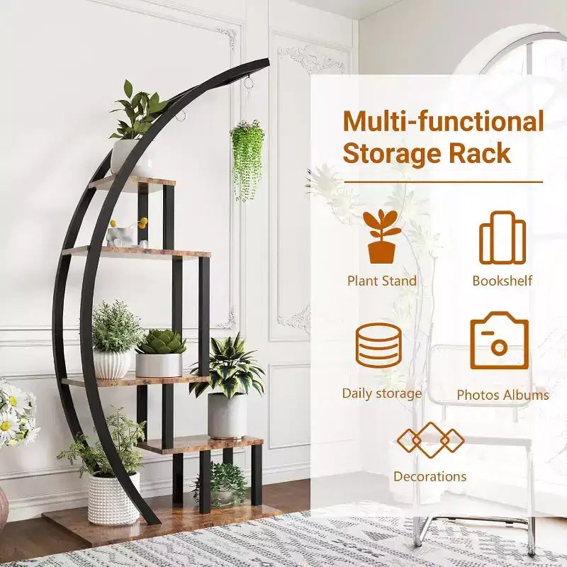 Portavasi a 5 livelli rotondo, porta piante da interno in metallo a forma di mezza luna, scaffale per fiori con 4 ganci per appendere per balcone, soggiorno, decorazioni da giardino