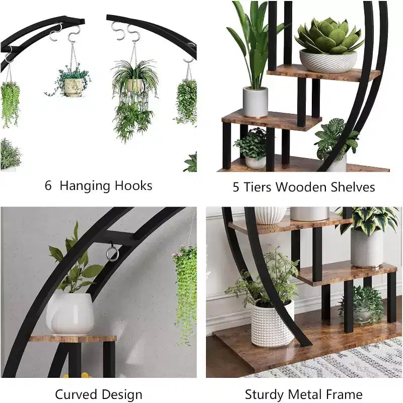 Portavasi a 5 livelli rotondo, porta piante da interno in metallo a forma di mezza luna, scaffale per fiori con 4 ganci per appendere per balcone, soggiorno, decorazioni da giardino