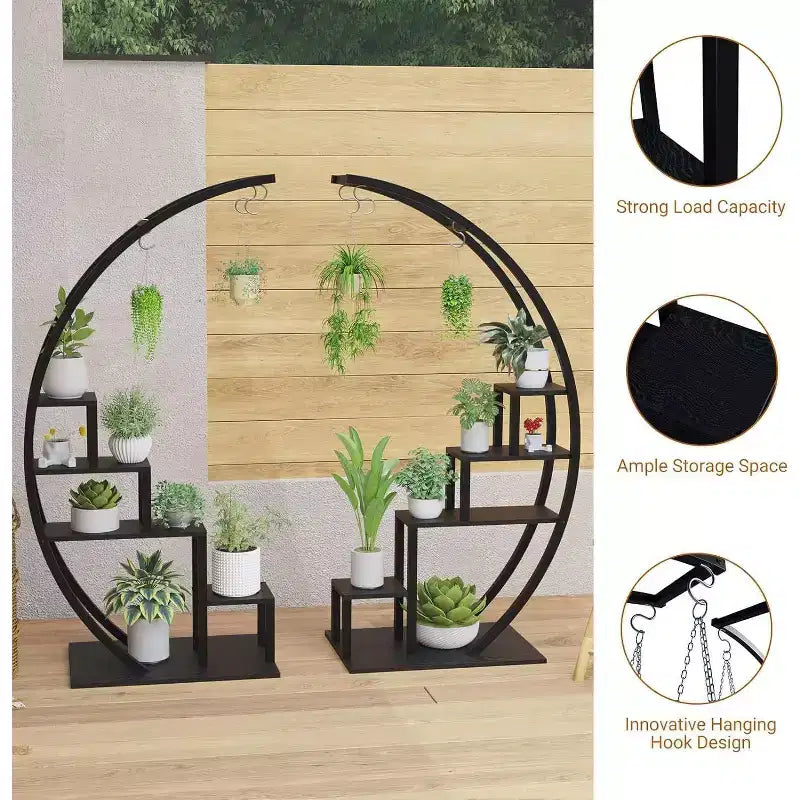 Portavasi a 5 livelli rotondo, porta piante da interno in metallo a forma di mezza luna, scaffale per fiori con 4 ganci per appendere per balcone, soggiorno, decorazioni da giardino
