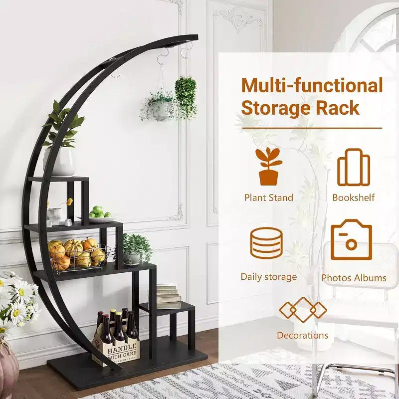 Portavasi a 5 livelli rotondo, porta piante da interno in metallo a forma di mezza luna, scaffale per fiori con 4 ganci per appendere per balcone, soggiorno, decorazioni da giardino