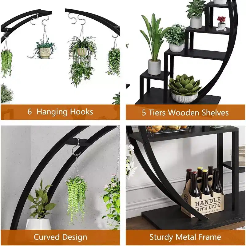 Portavasi a 5 livelli rotondo, porta piante da interno in metallo a forma di mezza luna, scaffale per fiori con 4 ganci per appendere per balcone, soggiorno, decorazioni da giardino
