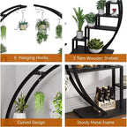 Portavasi a 5 livelli rotondo, porta piante da interno in metallo a forma di mezza luna, scaffale per fiori con 4 ganci per appendere per balcone, soggiorno, decorazioni da giardino