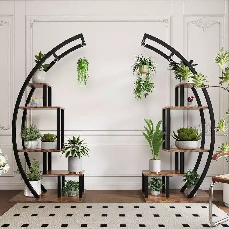Portavasi a 5 livelli rotondo, porta piante da interno in metallo a forma di mezza luna, scaffale per fiori con 4 ganci per appendere per balcone, soggiorno, decorazioni da giardino