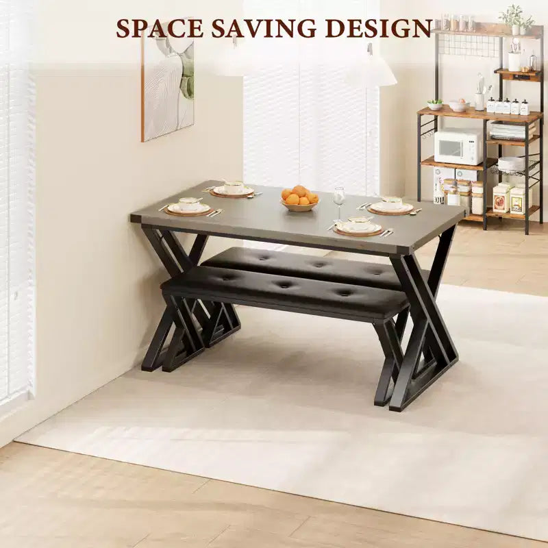 Set tavolo da pranzo, Set tavolo da cucina per 4 persone, Set tavolo da pranzo 3 pezzi con 2 panche per piccoli spazi, appartamento, sala da pranzo, salvaspazio