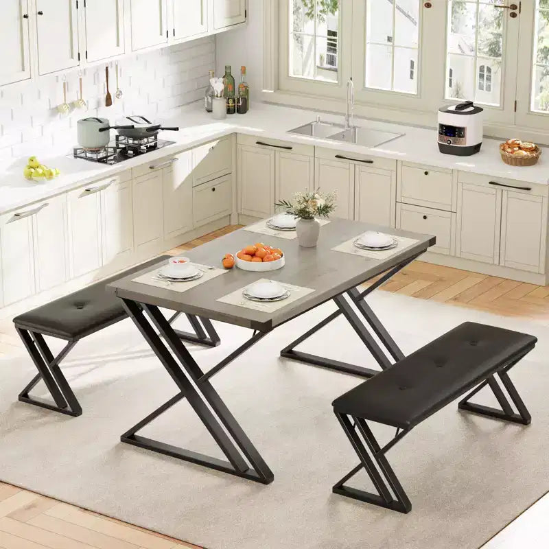 Set tavolo da pranzo, Set tavolo da cucina per 4 persone, Set tavolo da pranzo 3 pezzi con 2 panche per piccoli spazi, appartamento, sala da pranzo, salvaspazio