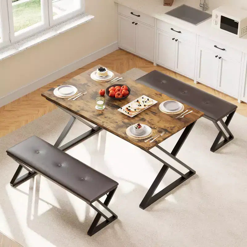 Set tavolo da pranzo, Set tavolo da cucina per 4 persone, Set tavolo da pranzo 3 pezzi con 2 panche per piccoli spazi, appartamento, sala da pranzo, salvaspazio