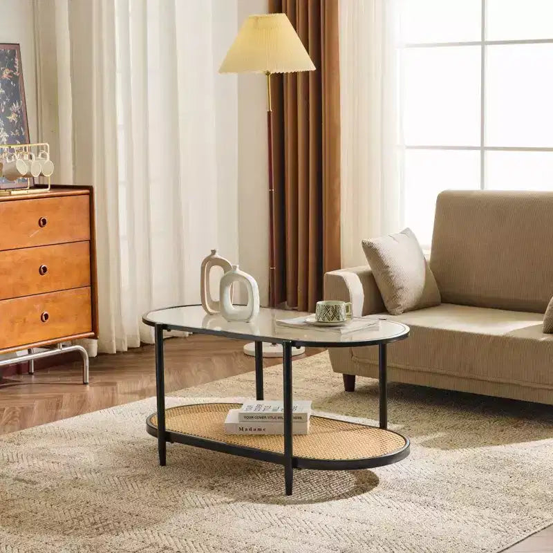 Tavolino ovale in rattan bianco