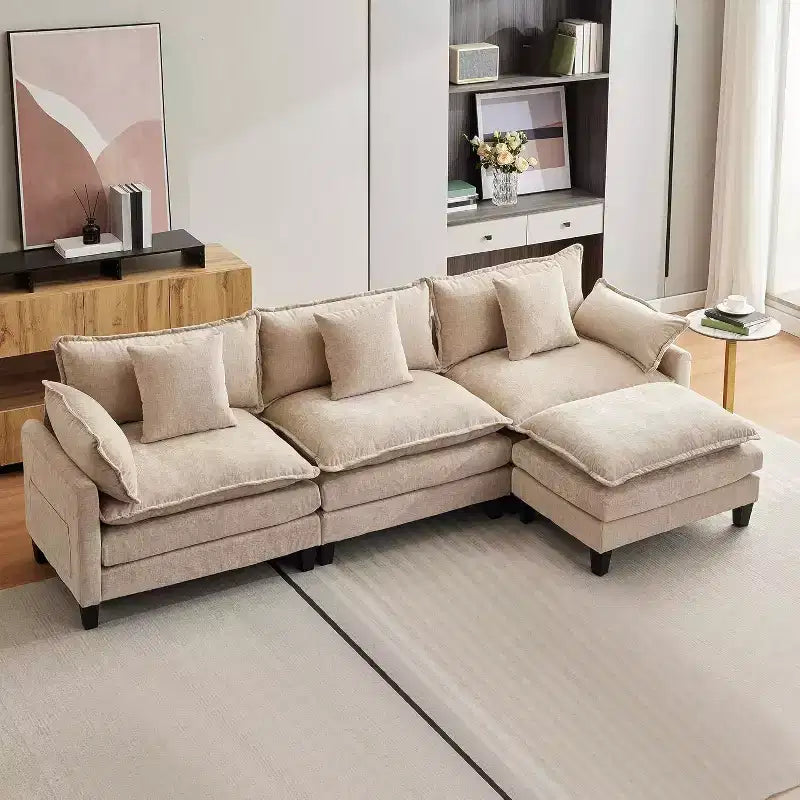 Divano moderno a L da 112 pollici, modulare, a combinazione "nuvola", con pouf, set componibile a 3 posti in ciniglia con 1 poggiapiedi per la casa