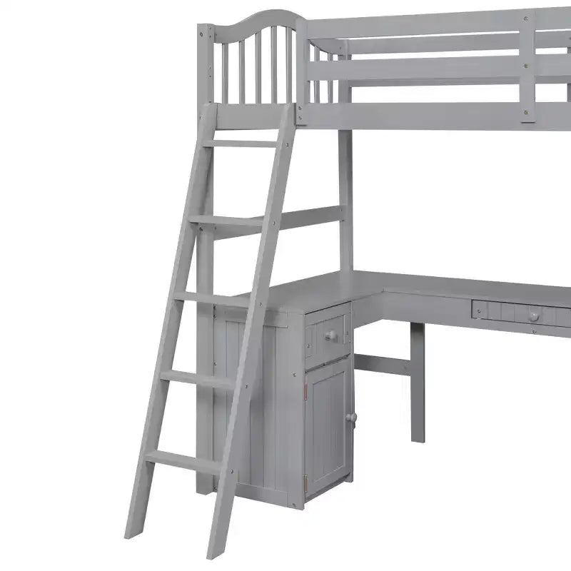 Letto a soppalco singolo con armadietto, struttura letto a soppalco singola in legno massello con scrivania e mensole