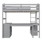 Letto a soppalco singolo con armadietto, struttura letto a soppalco singola in legno massello con scrivania e mensole