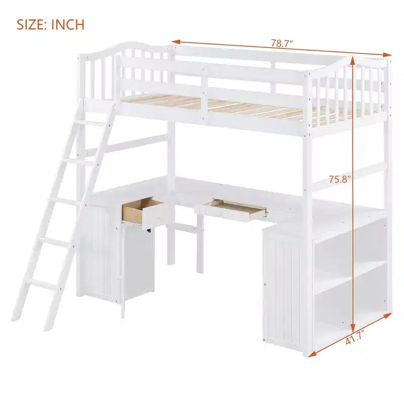 Letto a soppalco singolo con armadietto, struttura letto a soppalco singola in legno massello con scrivania e mensole