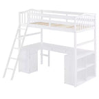 Letto a soppalco singolo con armadietto, struttura letto a soppalco singola in legno massello con scrivania e mensole