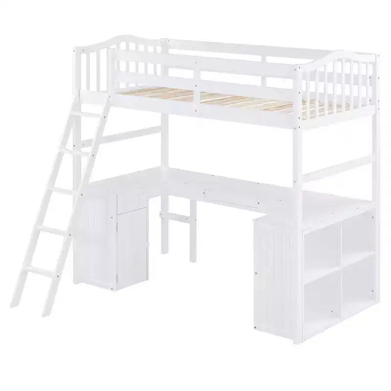 Letto a soppalco singolo con armadietto, struttura letto a soppalco singola in legno massello con scrivania e mensole