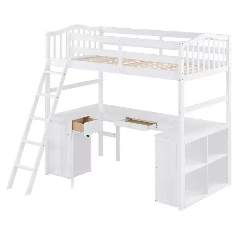 Letto a soppalco singolo con armadietto, struttura letto a soppalco singola in legno massello con scrivania e mensole