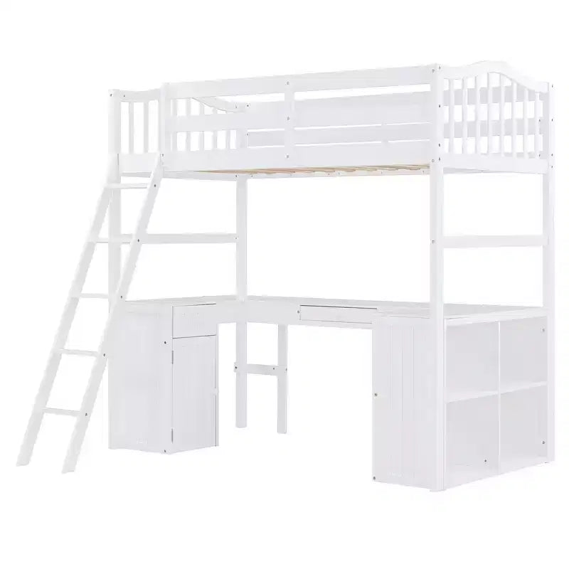 Letto a soppalco singolo con armadietto, struttura letto a soppalco singola in legno massello con scrivania e mensole