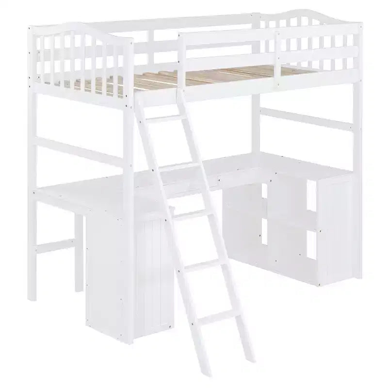 Letto a soppalco singolo con armadietto, struttura letto a soppalco singola in legno massello con scrivania e mensole