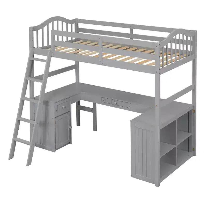 Letto a soppalco singolo con armadietto, struttura letto a soppalco singola in legno massello con scrivania e mensole