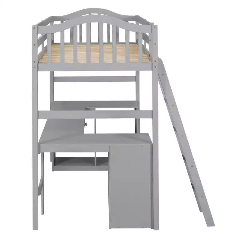 Letto a soppalco singolo con armadietto, struttura letto a soppalco singola in legno massello con scrivania e mensole