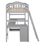 Letto a soppalco singolo con armadietto, struttura letto a soppalco singola in legno massello con scrivania e mensole