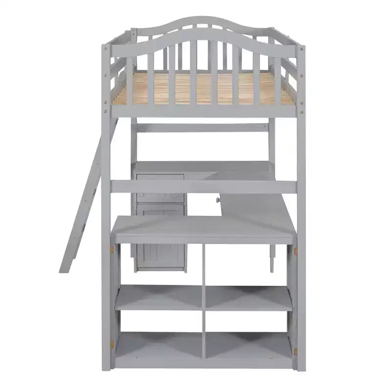 Letto a soppalco singolo con armadietto, struttura letto a soppalco singola in legno massello con scrivania e mensole