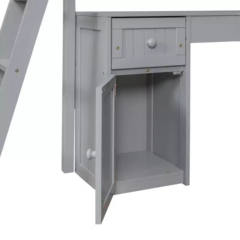 Letto a soppalco singolo con armadietto, struttura letto a soppalco singola in legno massello con scrivania e mensole