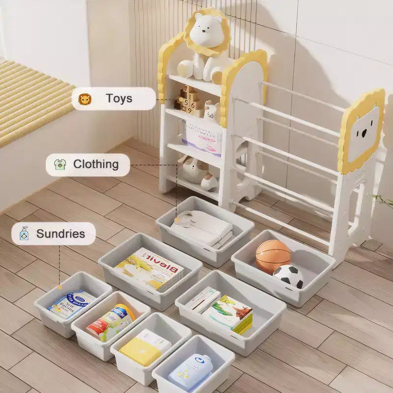 Libreria per bambini e portagiochi, Organizer per giocattoli a 4 livelli con 8 contenitori rimovibili, Organizer per giocattoli per bambini per la sala studio
