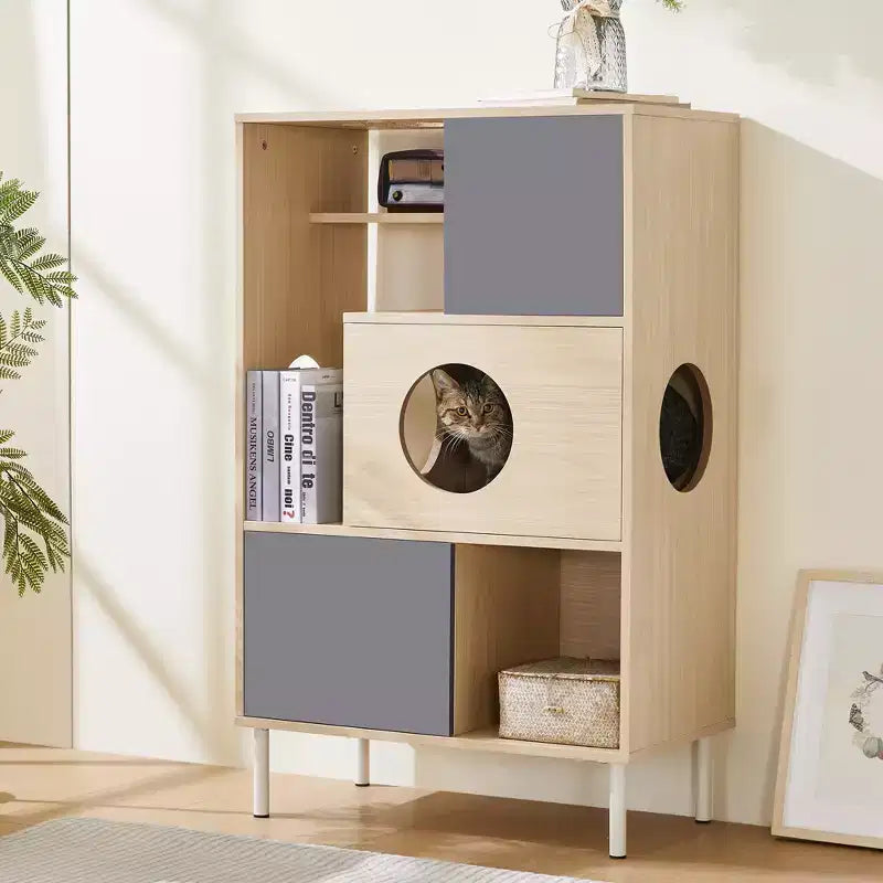 Libreria 2 in 1 Tiragraffi per Gatti, Vetrinetta, Mobile Copri Lettiera per Gatti, Scaffale per Arrampicata, Libreria, Scaffale Portaoggetti, Naturale - ModernLuxe