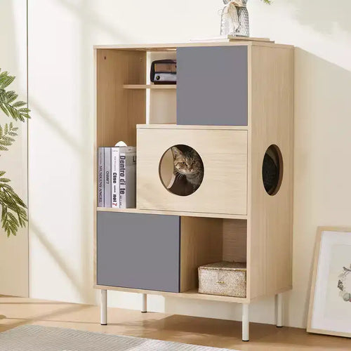 Libreria 2 in 1 Tiragraffi per Gatti, Vetrinetta, Mobile Copri Lettiera per Gatti, Scaffale per Arrampicata, Libreria, Scaffale Portaoggetti, Naturale - ModernLuxe