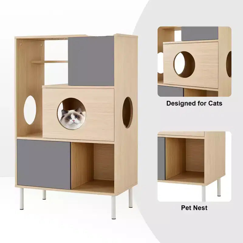 Libreria 2 in 1 Tiragraffi per Gatti, Vetrinetta, Mobile Copri Lettiera per Gatti, Scaffale per Arrampicata, Libreria, Scaffale Portaoggetti, Naturale - ModernLuxe