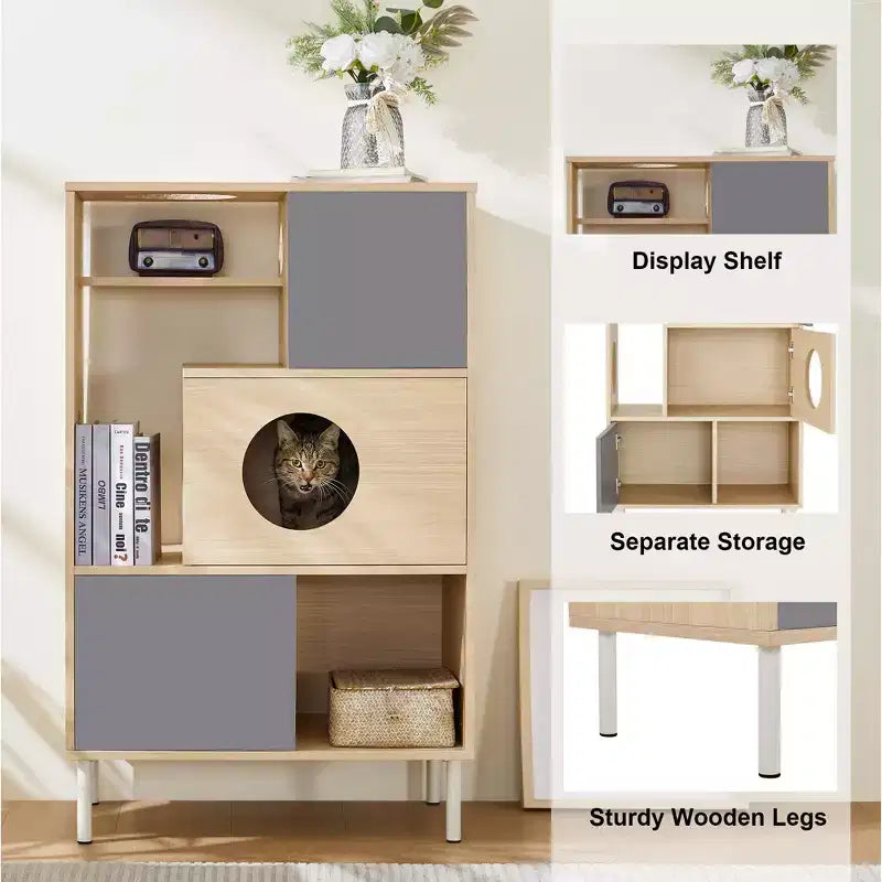Libreria 2 in 1 Tiragraffi per Gatti, Vetrinetta, Mobile Copri Lettiera per Gatti, Scaffale per Arrampicata, Libreria, Scaffale Portaoggetti, Naturale - ModernLuxe