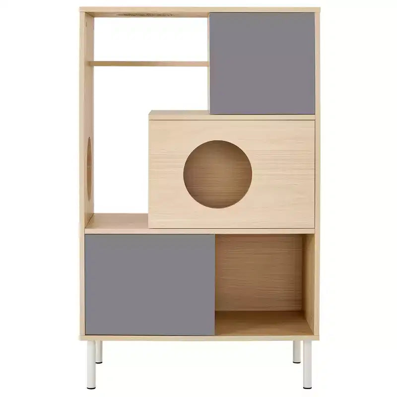 Libreria 2 in 1 Tiragraffi per Gatti, Vetrinetta, Mobile Copri Lettiera per Gatti, Scaffale per Arrampicata, Libreria, Scaffale Portaoggetti, Naturale - ModernLuxe