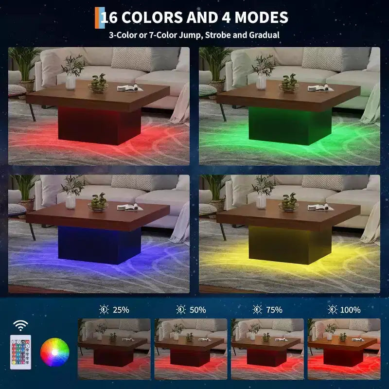 Tavolino Quadrato con Luci a LED, Tavolini da Soggiorno da 35 Pollici, Tavolini Moderni con Luci a LED a 16 Colori con Spina per Ufficio Domestico, Marrone