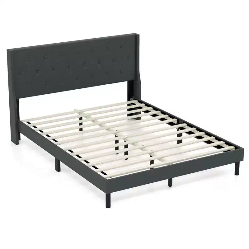 Costway Queen Size Bed Frame Linen Upholstered Mattress Foundation with Wooden Slats
