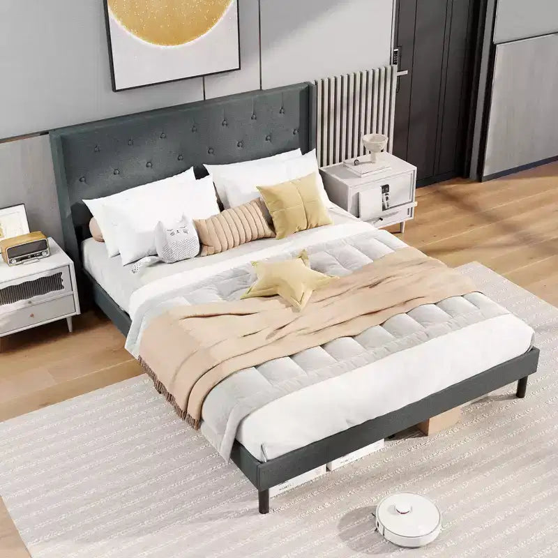 Struttura letto matrimoniale Costway, in lino, con doghe in legno