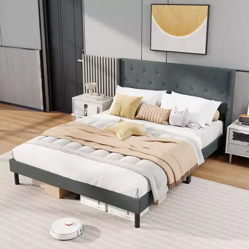 Struttura letto matrimoniale Costway, in lino, con doghe in legno