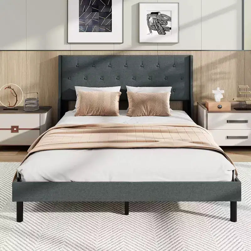 Struttura letto matrimoniale Costway, in lino, con doghe in legno
