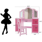 Acekool Tavolino da Trucco e Sedia 2-in-1 per Bambine, Specchio a Tre Ante, Ampio Spazio di Archiviazione, Specchio Touch, Facile da Montare, per Cameretta Bambini, Rosa e Bianco