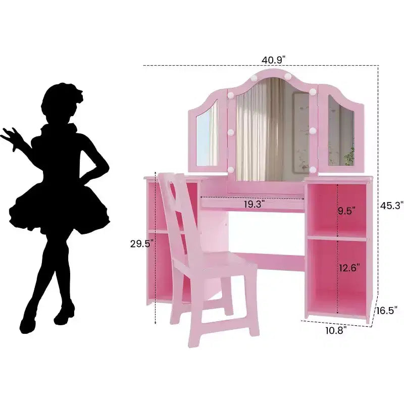 Acekool Tavolino da Trucco e Sedia 2-in-1 per Bambine, Specchio a Tre Ante, Ampio Spazio di Archiviazione, Specchio Touch, Facile da Montare, per Cameretta Bambini, Rosa e Bianco