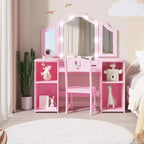 Acekool Tavolino da Trucco e Sedia 2-in-1 per Bambine, Specchio a Tre Ante, Ampio Spazio di Archiviazione, Specchio Touch, Facile da Montare, per Cameretta Bambini, Rosa e Bianco