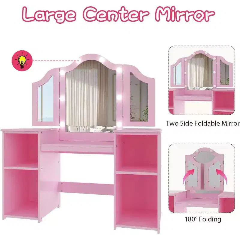 Acekool Tavolino da Trucco e Sedia 2-in-1 per Bambine, Specchio a Tre Ante, Ampio Spazio di Archiviazione, Specchio Touch, Facile da Montare, per Cameretta Bambini, Rosa e Bianco
