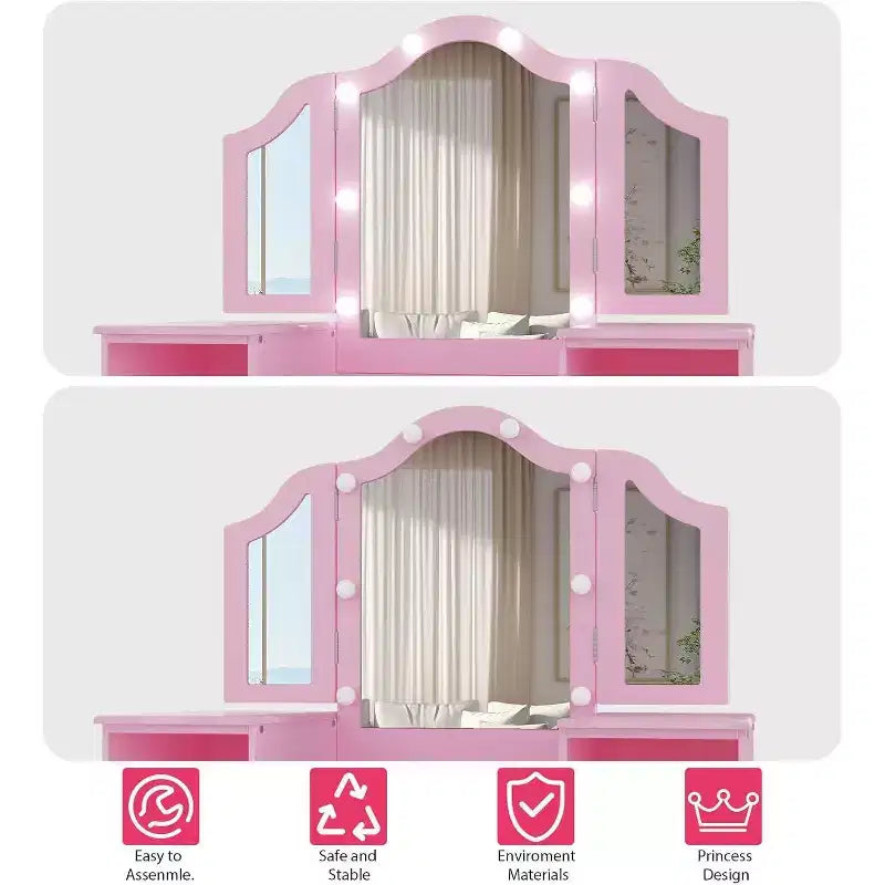 Acekool Tavolino da Trucco e Sedia 2-in-1 per Bambine, Specchio a Tre Ante, Ampio Spazio di Archiviazione, Specchio Touch, Facile da Montare, per Cameretta Bambini, Rosa e Bianco