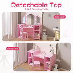 Acekool Tavolino da Trucco e Sedia 2-in-1 per Bambine, Specchio a Tre Ante, Ampio Spazio di Archiviazione, Specchio Touch, Facile da Montare, per Cameretta Bambini, Rosa e Bianco