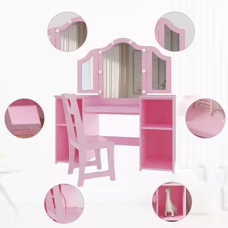 Acekool Tavolino da Trucco e Sedia 2-in-1 per Bambine, Specchio a Tre Ante, Ampio Spazio di Archiviazione, Specchio Touch, Facile da Montare, per Cameretta Bambini, Rosa e Bianco