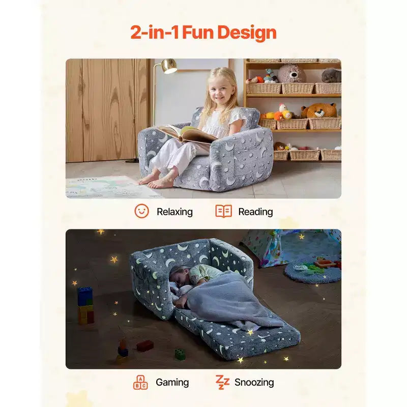 VEVOR Divano per Bambini 2 in 1, Morbido Divano Pieghevole per Bambini con Braccioli, Divano Estensibile per Bambini con Spugna 28D e Flanella che si Illumina al Buio, M, Grigio
