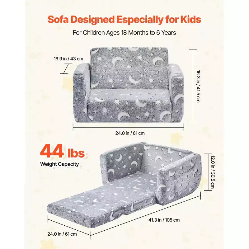 VEVOR Divano per Bambini 2 in 1, Morbido Divano Pieghevole per Bambini con Braccioli, Divano Estensibile per Bambini con Spugna 28D e Flanella che si Illumina al Buio, M, Grigio