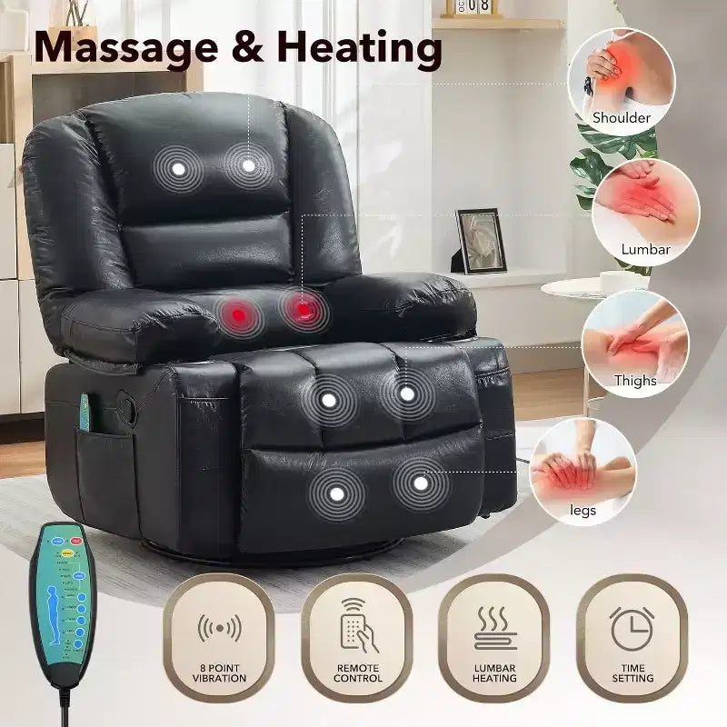 Poltrona reclinabile girevole e a dondolo oversize con massaggio rilassante e calore lombare, poltrona reclinabile manuale con portabicchieri, tessuto ciniglia/PU